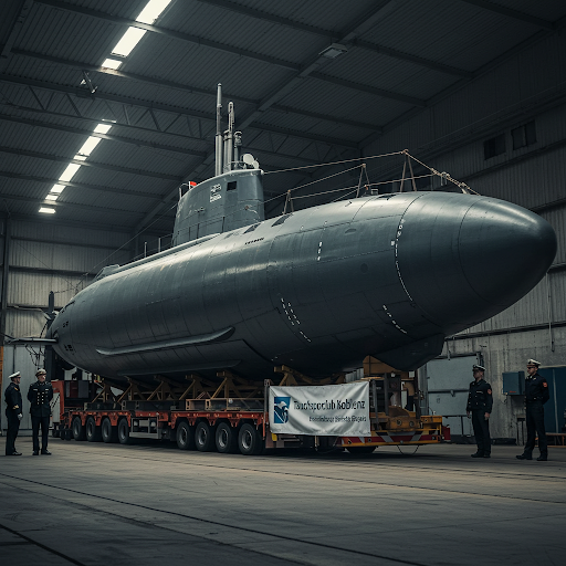 Bild eines militärischen U-Bootes, mit einer Fahne des Tauchsportklub Koblenz